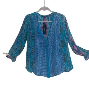 Tolani Top Blouse V-neck Long Sleeve‎ 100% Silk XS Turquoise Abstract NWT New